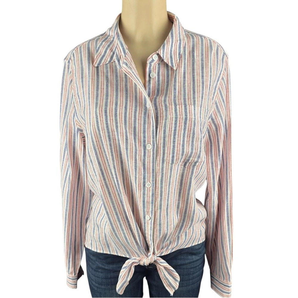 Popsugar Women XXL Knot-Front Button Down Shirt Long sleeve Comfort Fit Striped